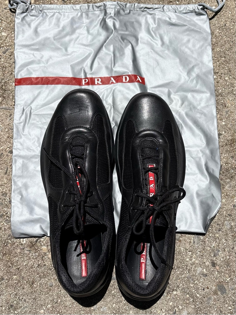 Prada America’s Cup Sneaker, Black Calf Leather, Tech Mesh w/ Red Logo Stripe